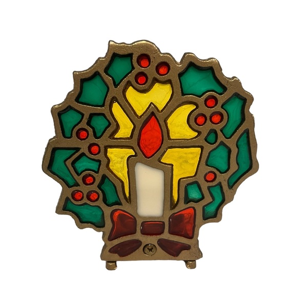 Tiffany candle lamp stained glass on cast iron, colorful Christmas wreath - Picture 1 of 6